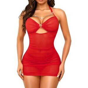 🆕 Women Red Halter Babydoll Sexy Lingerie Dress Mesh Chemise Nightdress Chain